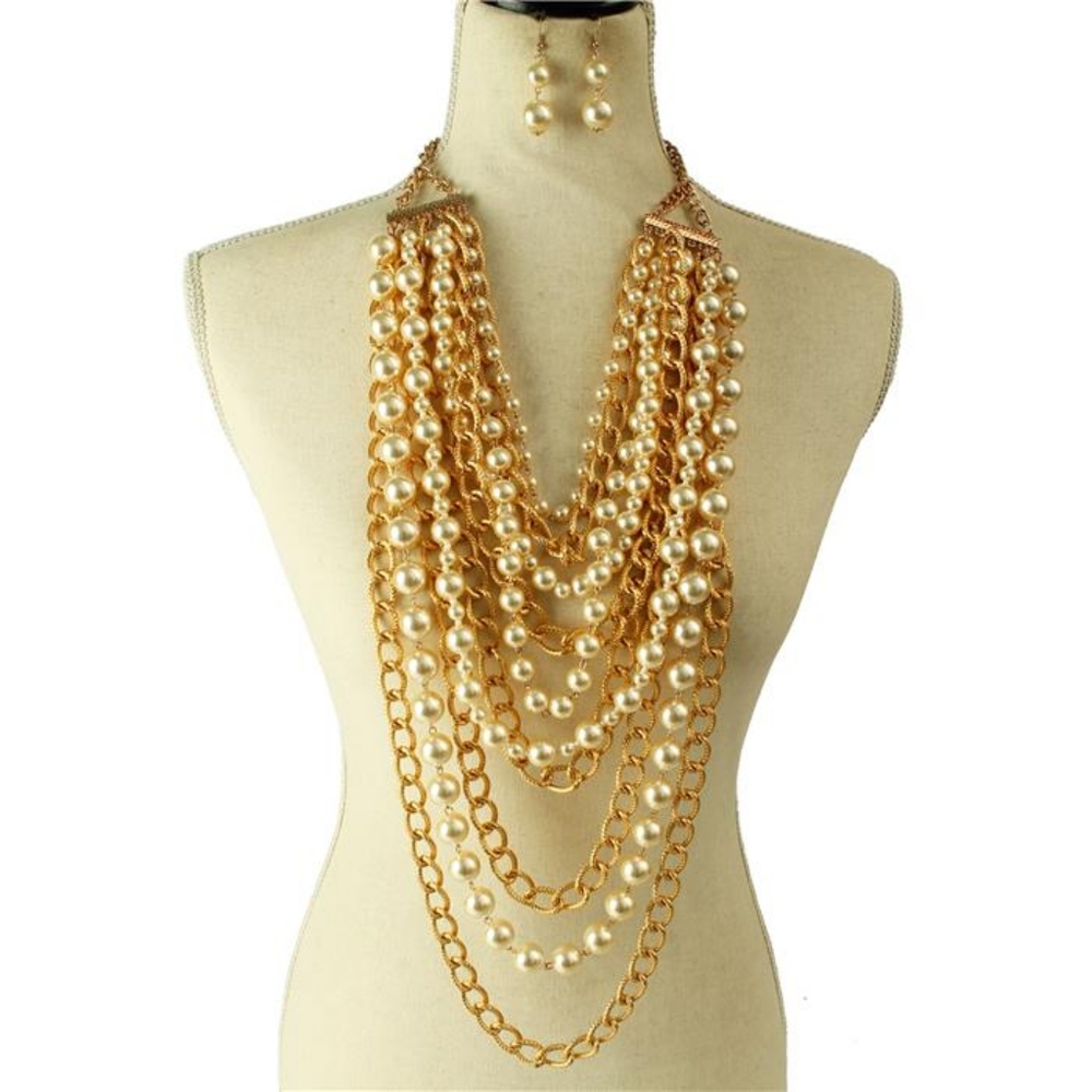 Long Multilayered Gold & Cream Pearl Necklace Set Chain Link Statement Jewelry